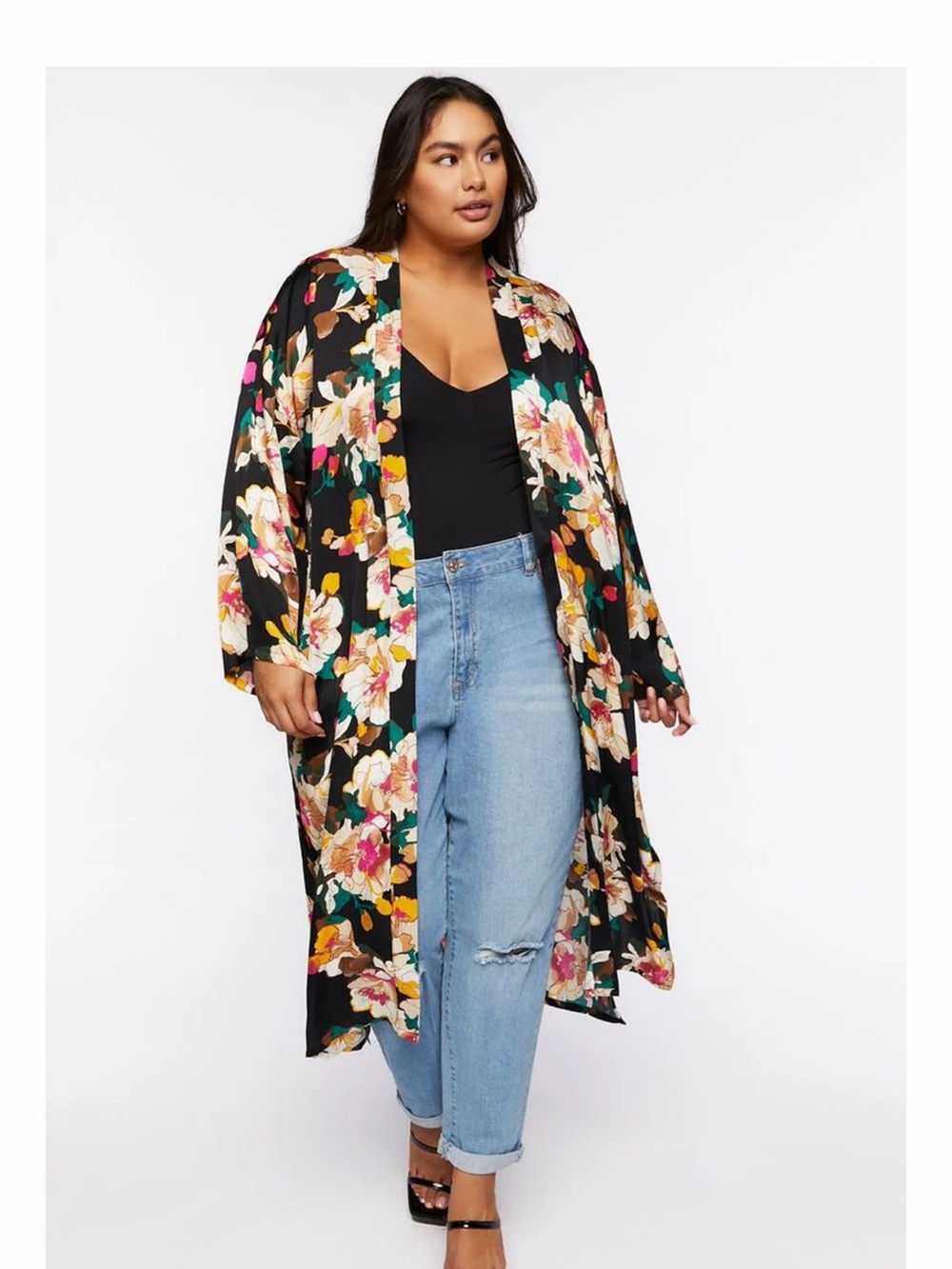 Floral Black Long Kimono/Duster:Cover-Up - Women🌸💐